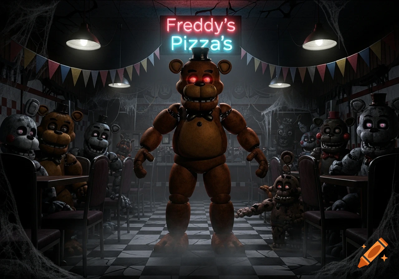 An abandoned Freddy Fazbear's Pizza restaurant with the main animatronic, Freddy, standing prominently, surrounded by other animatronics at tables, all with glowing eyes.