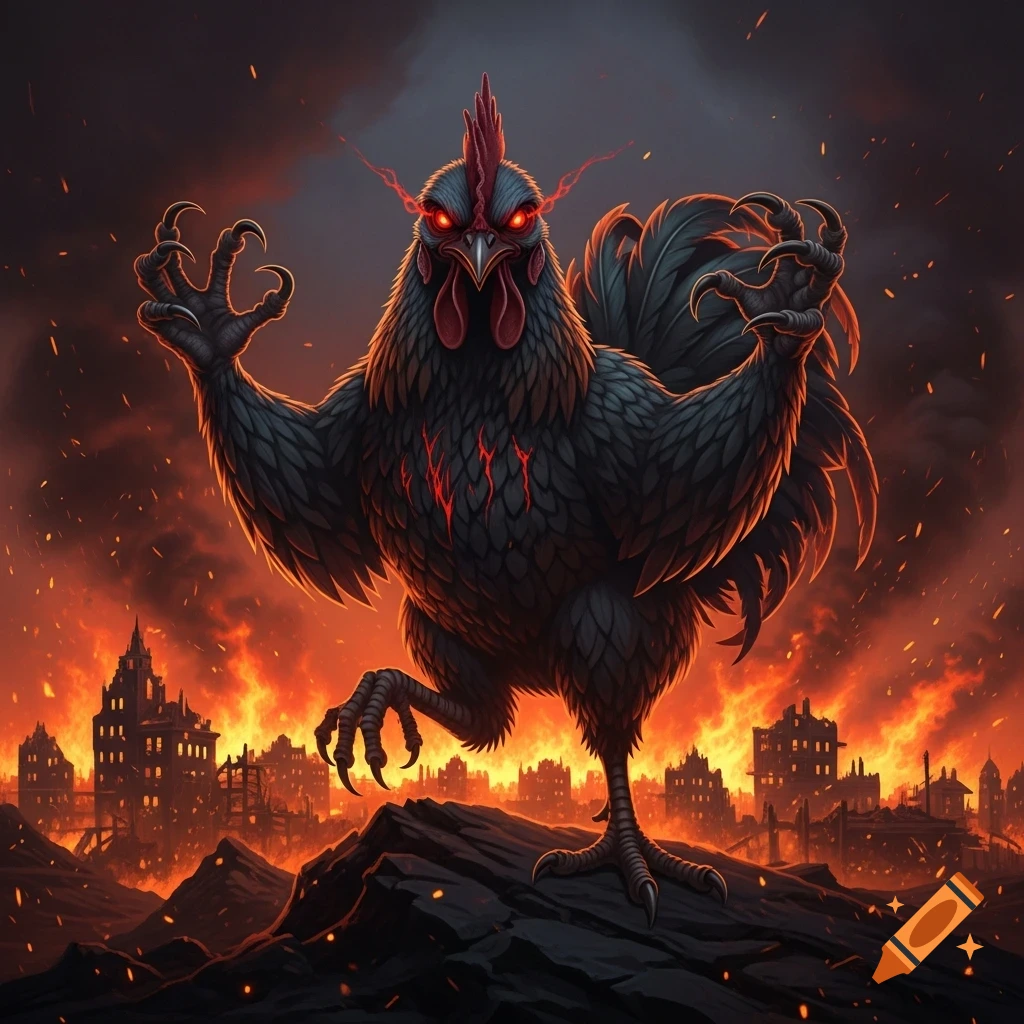 A giant, evil black chicken with glowing red eyes stands on a rocky hill as a city burns in the background under a dark sky.