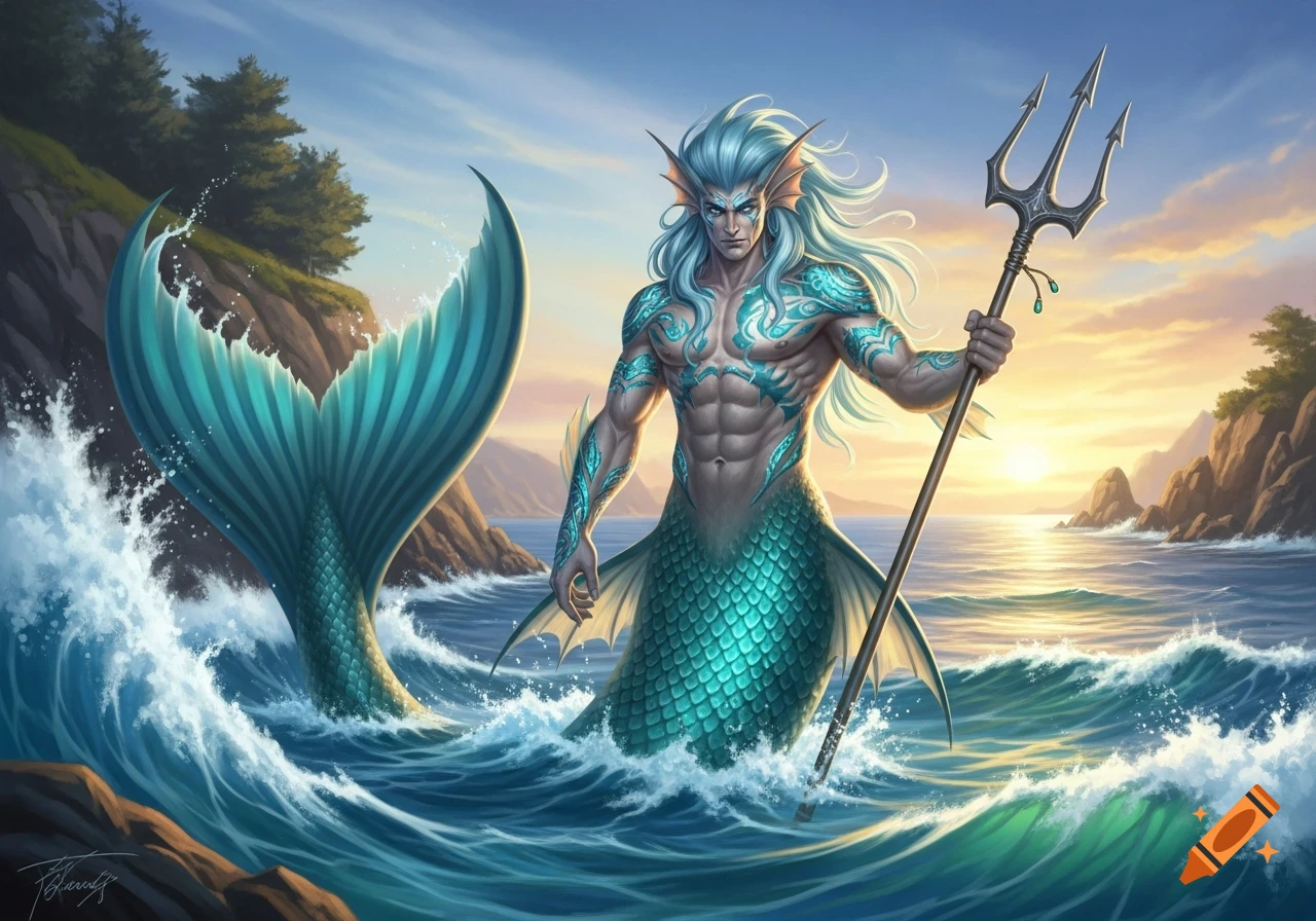 A muscular merman with long blue hair and glowing tattoos rises from choppy ocean waves at sunset, holding a trident.