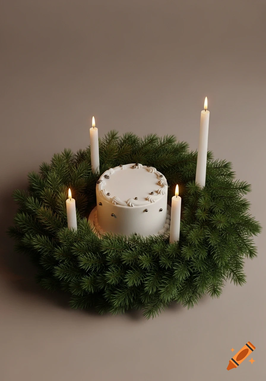 A white frosted cake stands in a green pine wreath with four lit candles on a brown background.