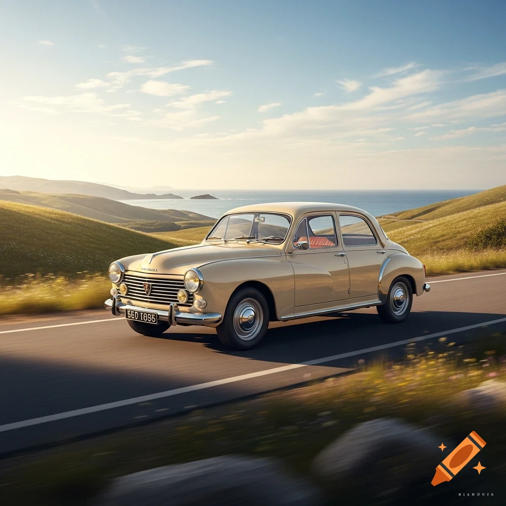 A cream-colored vintage Peugeot car drives on a scenic coastal road with green hills under a sunny sky. Photorealistic style.