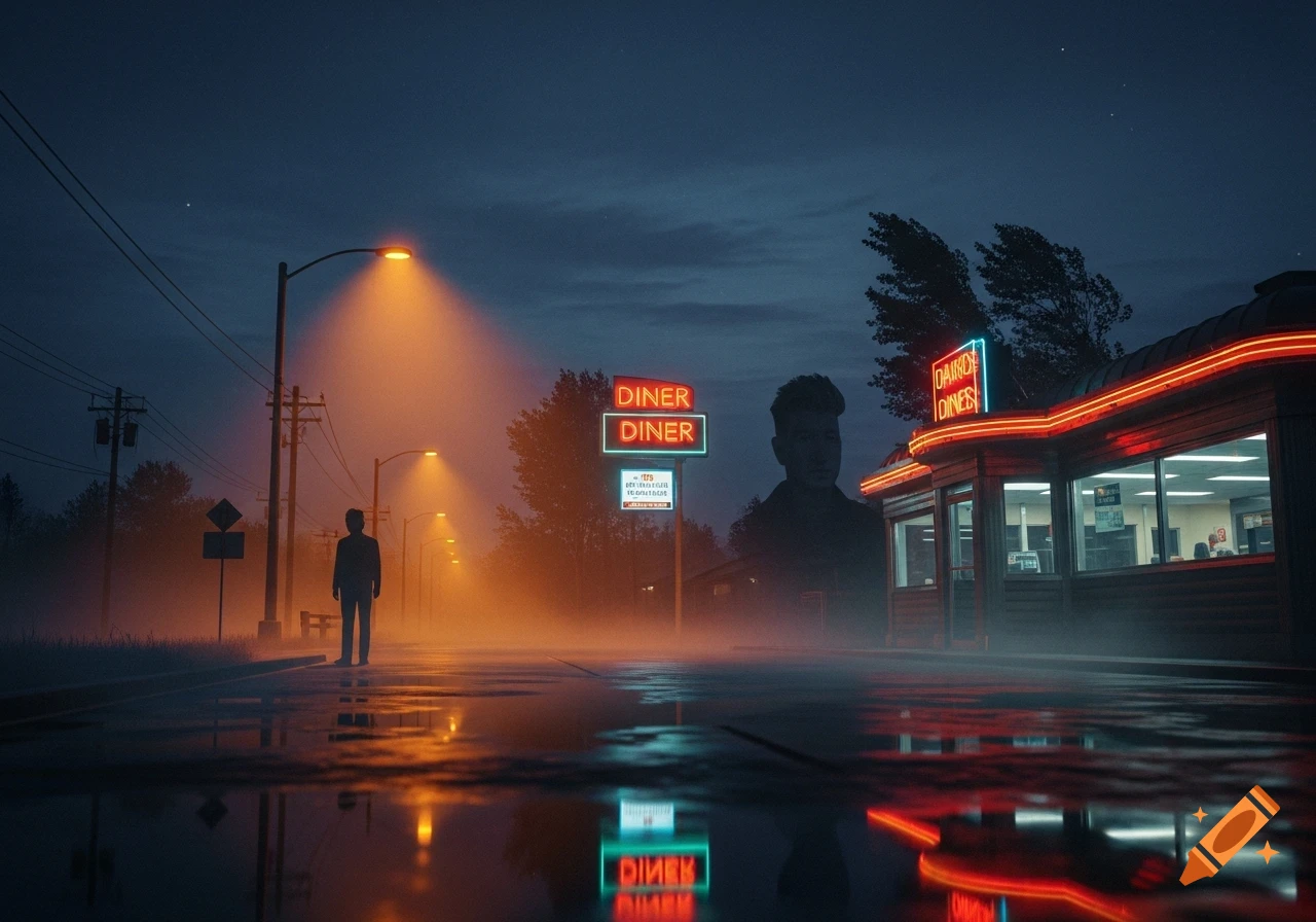 A lone figure stands on a wet, misty street at night, illuminated by streetlights, with a neon-lit diner and a large, dark silhouette in the background.