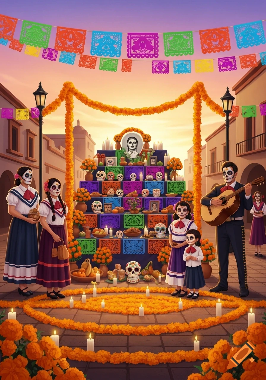 Vibrant illustration of a family celebrating Dia de los Muertos in a colorful street, featuring an altar, marigolds, and skull makeup.