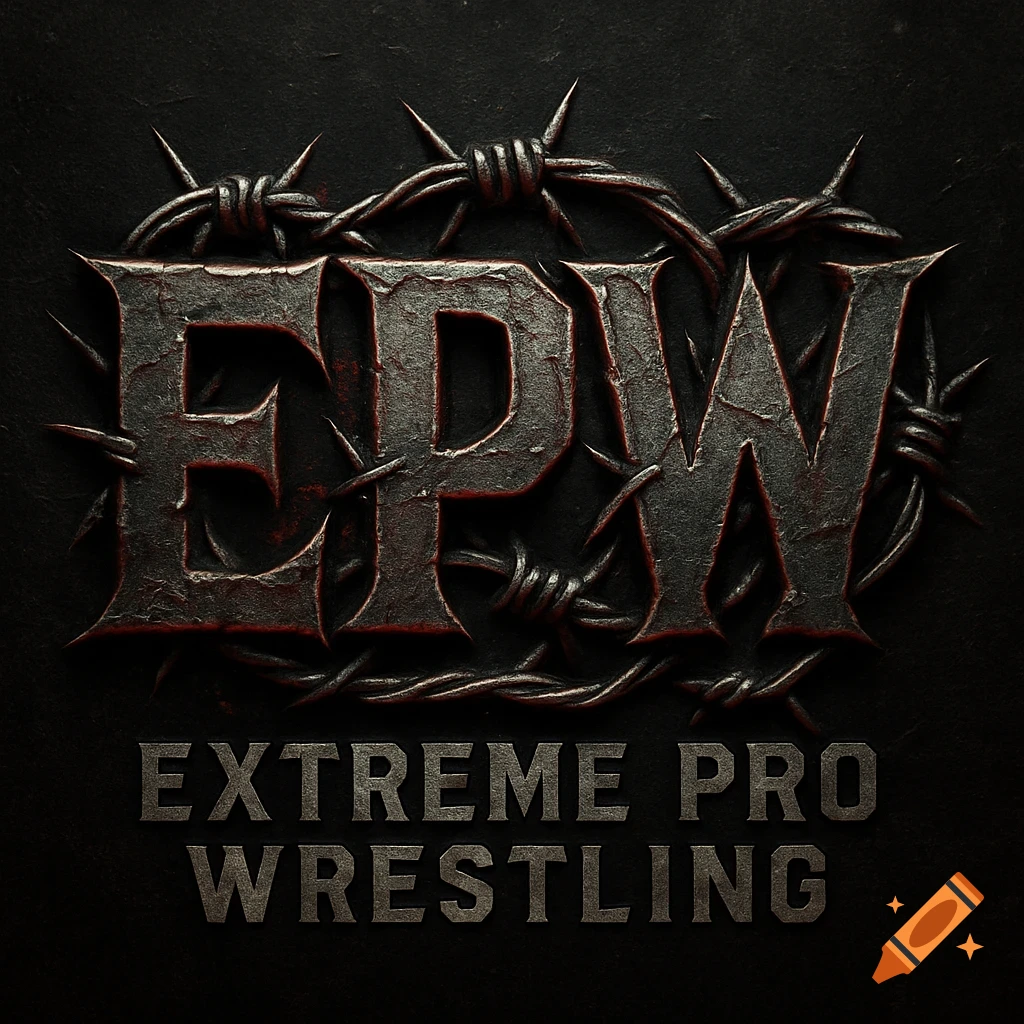 Grungy metallic Extreme Pro Wrestling logo with barbed wire on a dark background.