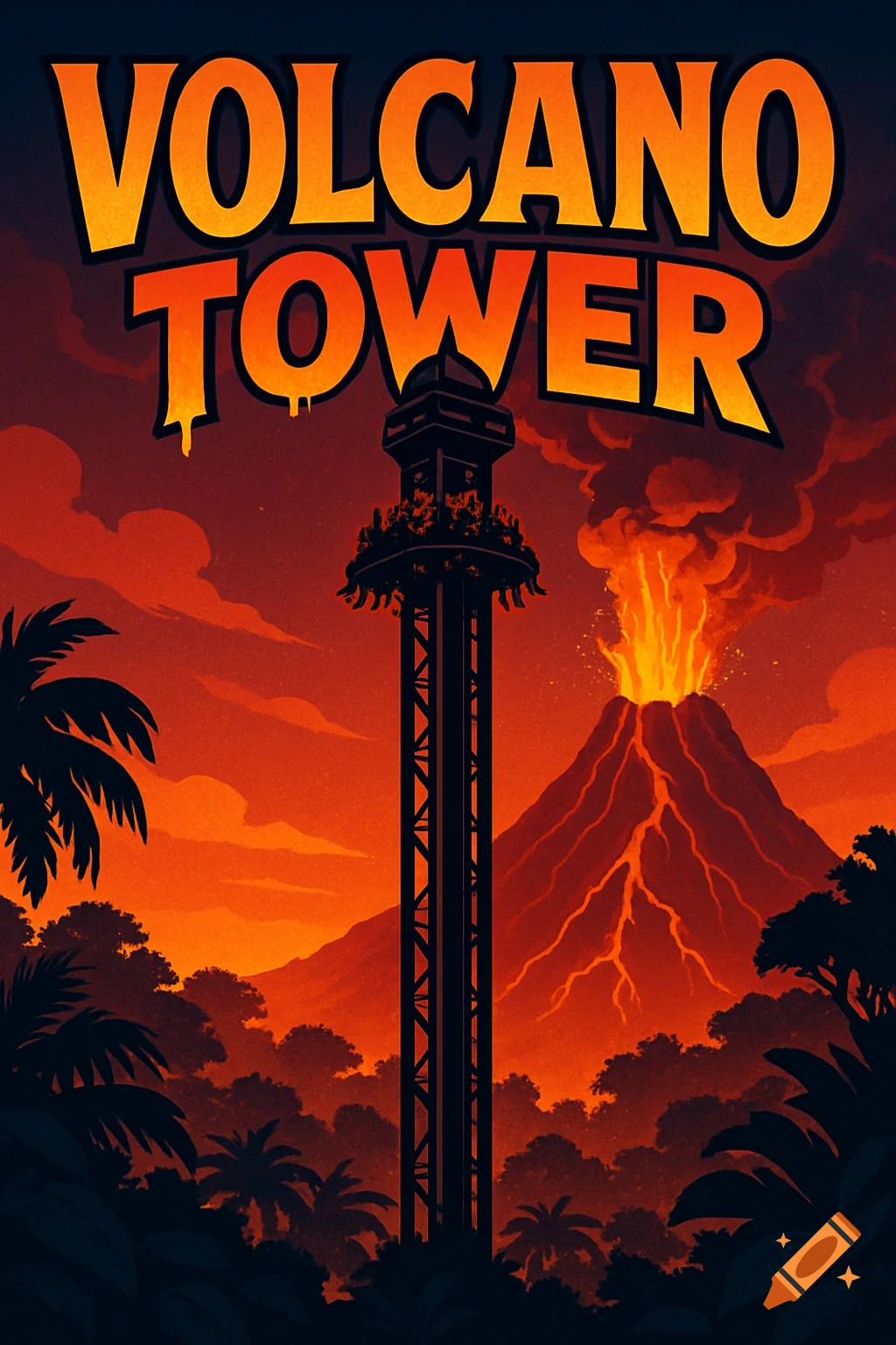 A stylized theme park poster for 'Volcano Tower' featuring a drop tower ride against an erupting volcano and tropical jungle at sunset.