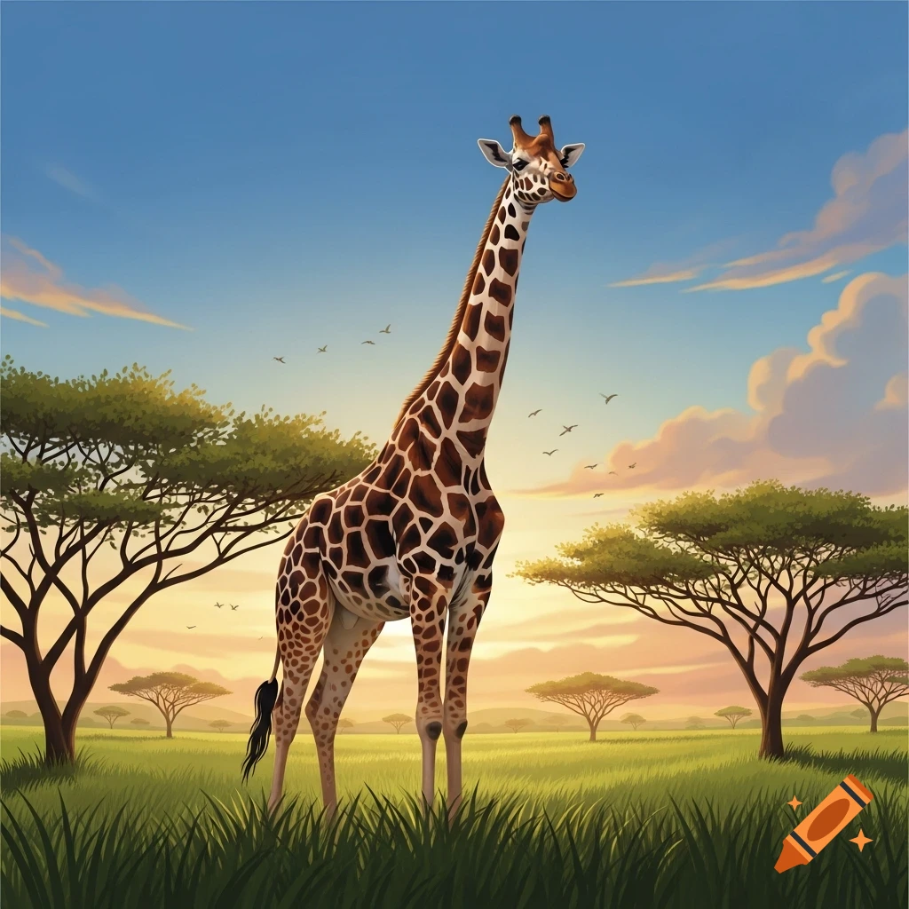 A stylized illustration of a giraffe standing in a grassy savanna with acacia trees under a vibrant sunset sky.