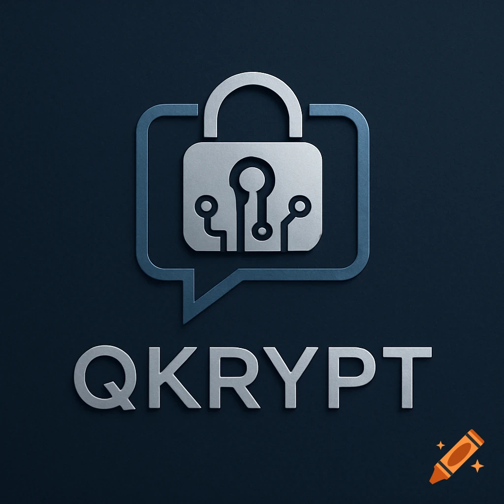 A silver padlock with circuit board lines inside, set within a blue speech bubble, above the silver text QKRYPT, all on a dark blue background.