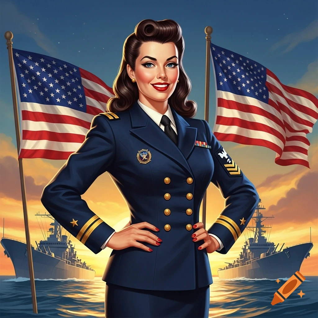A smiling pin-up style woman in a navy uniform stands at attention, with two American flags and battleships at sunset in the background.