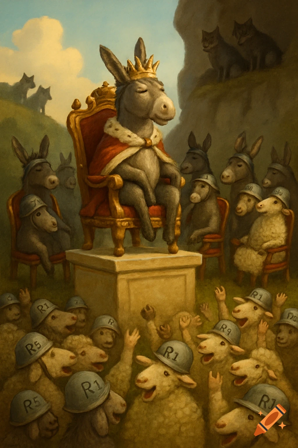 A donkey king sits on a throne, surrounded by donkeys and sheep in helmets, with a cheering crowd of sheep and donkeys in helmets below. Wolves watch from a cliff.