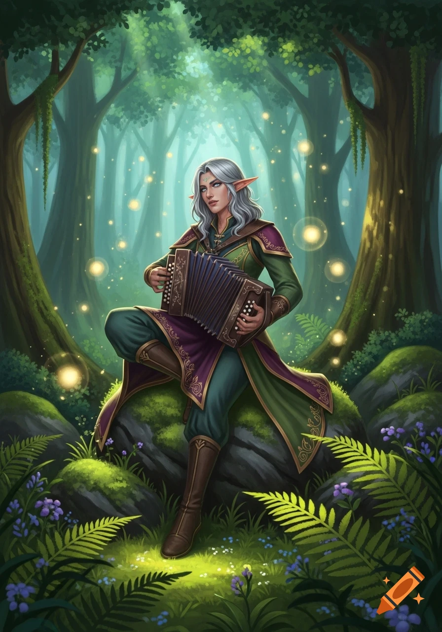 An androgynous elf bard with silver hair and pointy ears plays a concertina in a lush, magical forest with glowing fireflies.