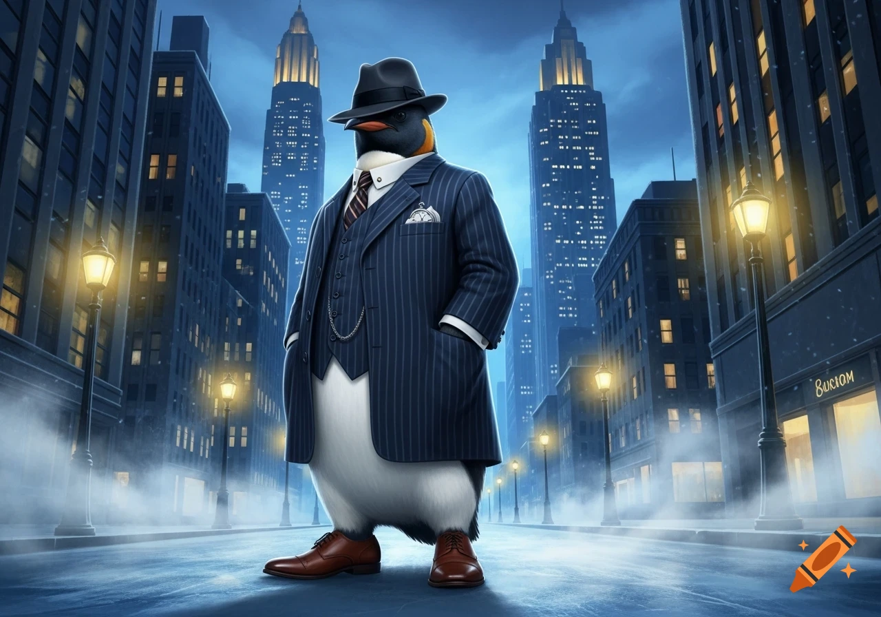 An anthropomorphic penguin in a pinstripe suit and fedora stands on a snowy city street at night with tall buildings.