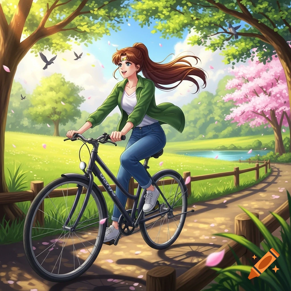 Anime character Makoto Kino on a bicycle, smiling on a sunny park path with cherry blossoms and a lake.