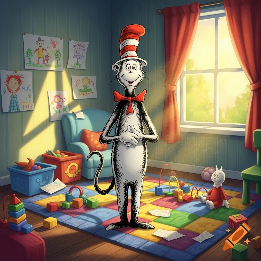 The Cat in the Hat stands with clasped hands in a bright, colorful child's room filled with toys and drawings, in an illustrated style.