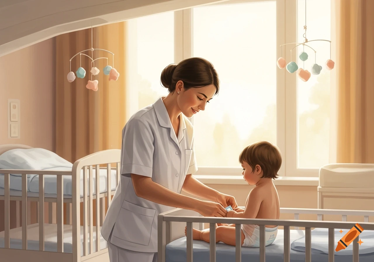 A smiling nurse in a white uniform adjusts the diaper of a baby sitting in a crib in a brightly lit nursery, cartoon style.