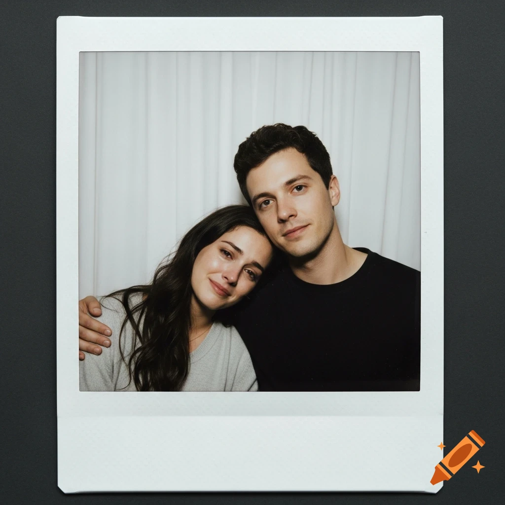 A close-up Polaroid photo of a couple. A man with dark hair smiles ...