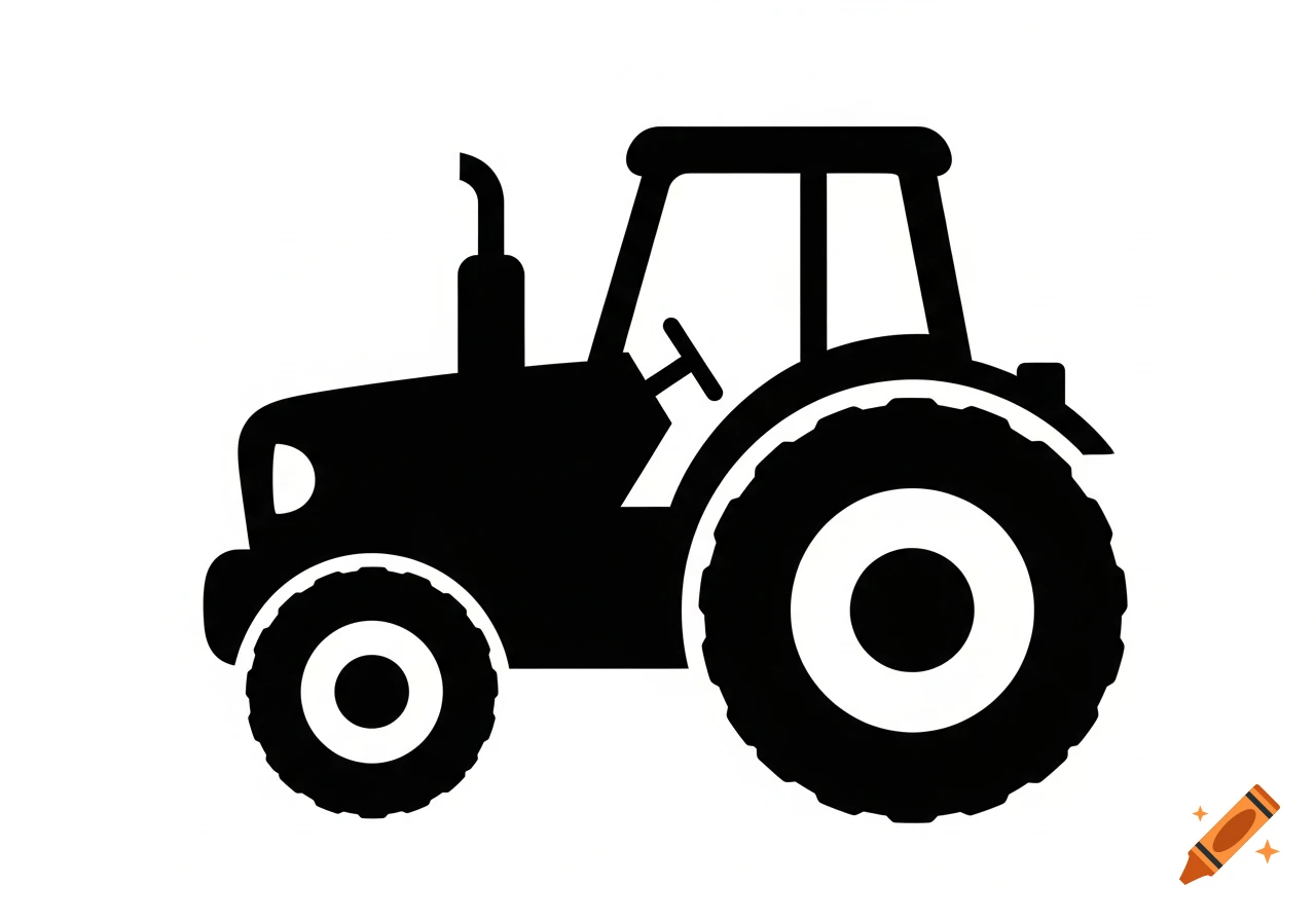 Black and white silhouette of a tractor viewed from the side.