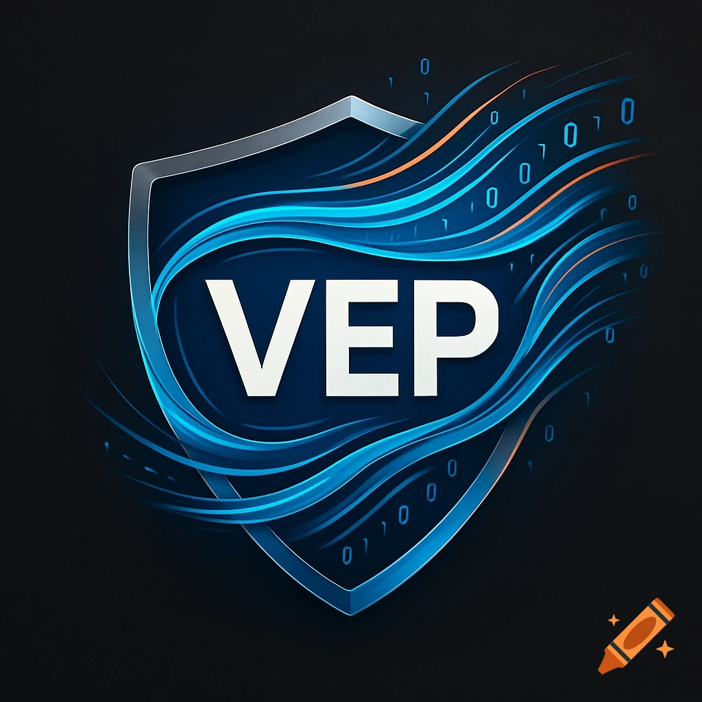 A dynamic blue and silver shield logo with white 'VEP' text, featuring flowing data streams and binary code against a dark background.