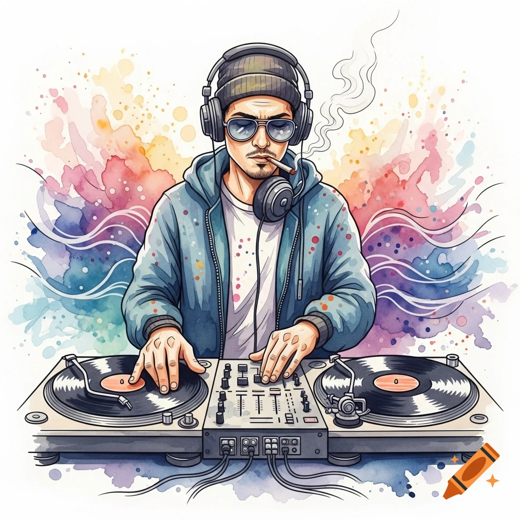 A DJ in a beanie, sunglasses, and headphones smokes a cigarette while mixing records on turntables, rendered in a colorful watercolor illustration style.