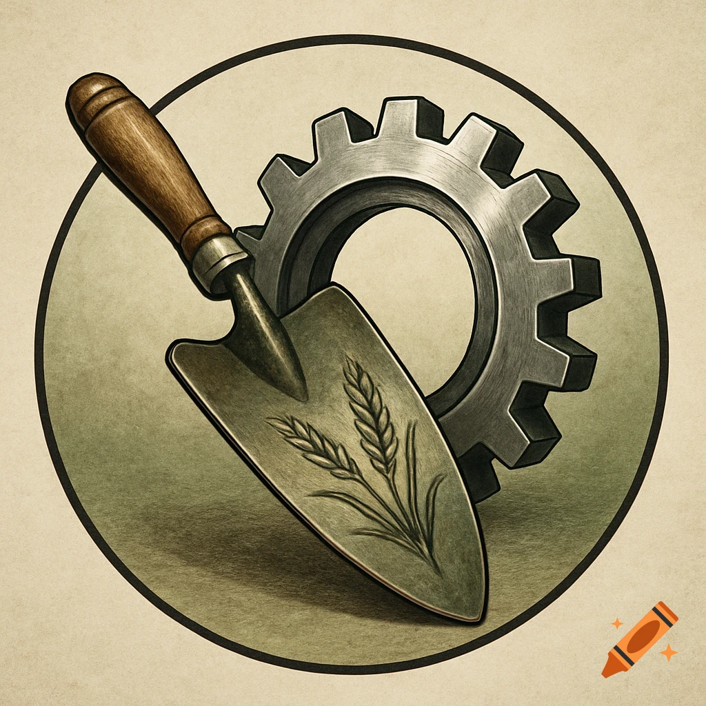 Illustrative emblem of a metal garden trowel with engraved wheat and a gear inside a black-outlined circle.