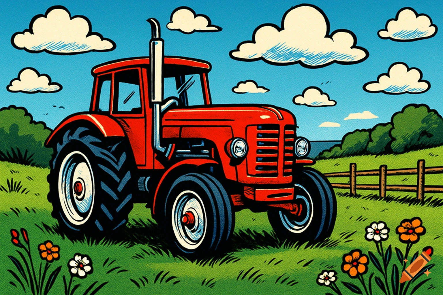 A vibrant red tractor with white wheels sits in a green field with flowers under a blue sky with white clouds, in a comic book style.