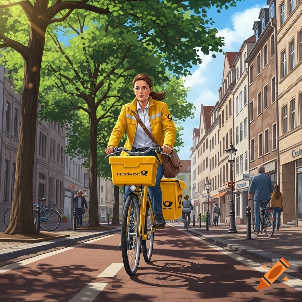 A postwoman in a yellow uniform cycles a yellow bike with Deutsche Post baskets down a sunny European city street. Illustrated.
