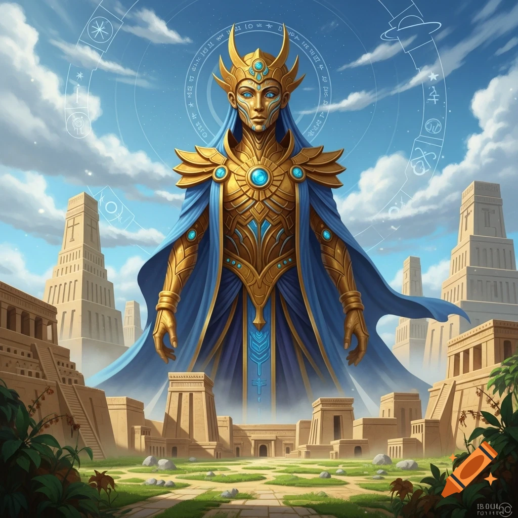 Majestic gold and blue armored deity stands before ancient desert temples under a sky with celestial symbols.