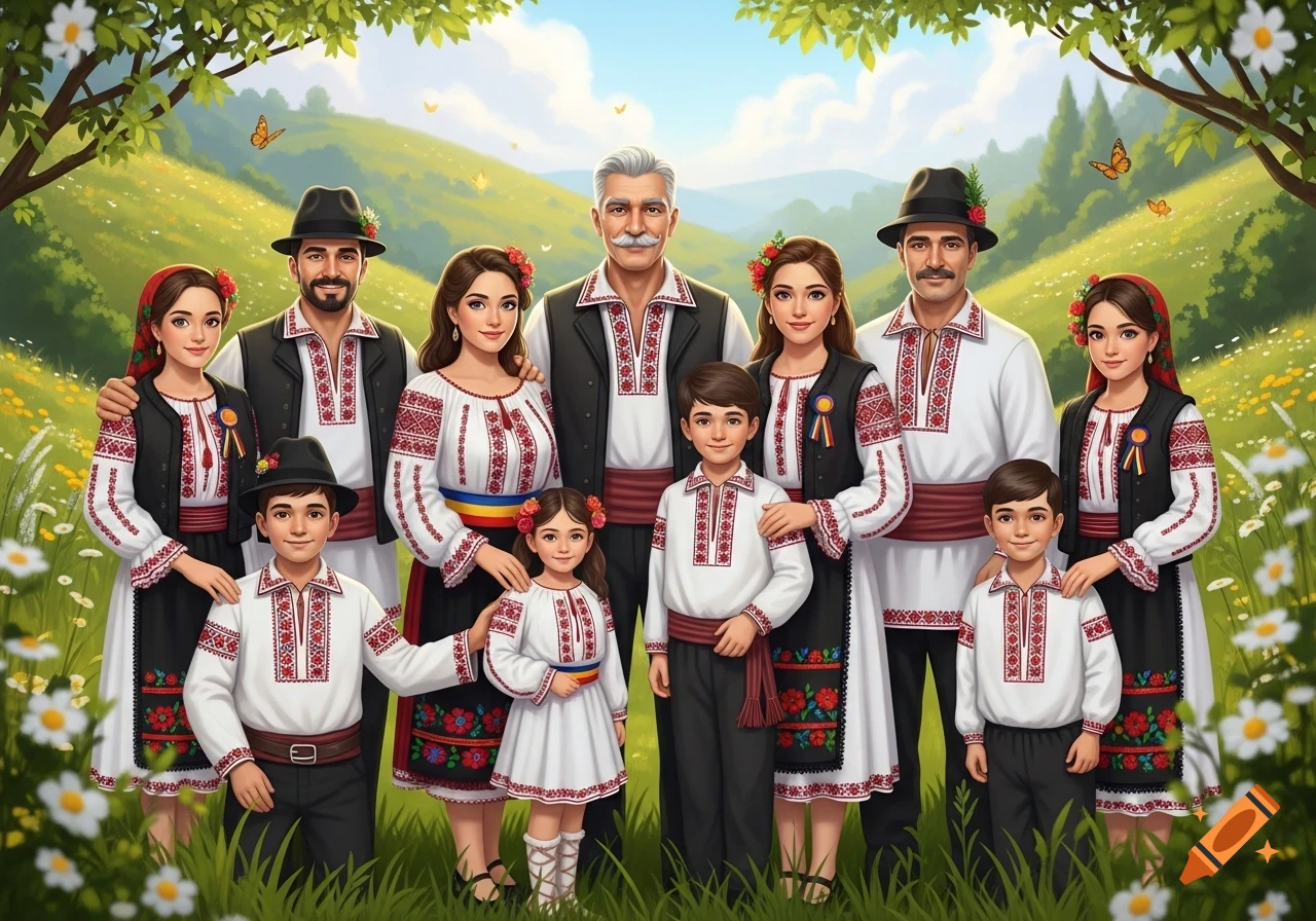An illustrated family portrait of nine people in traditional Romanian folk attire, standing in a vibrant green field with flowers under a sunny sky.
