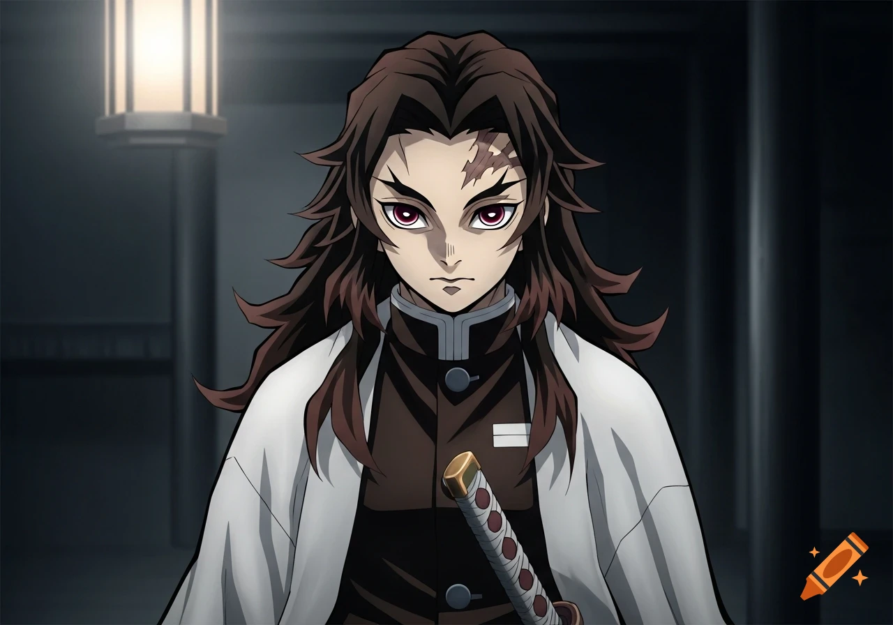 Demon Slayer anime character with long dark hair, red eyes, and a forehead scar, wearing a brown uniform and white haori, holding a katana.