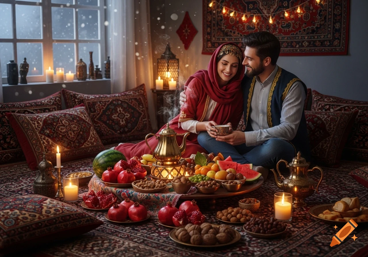 Smiling couple in traditional attire sitting on a Persian rug, surrounded by fruits, nuts, and candlelight in a cozy room with snow outside.