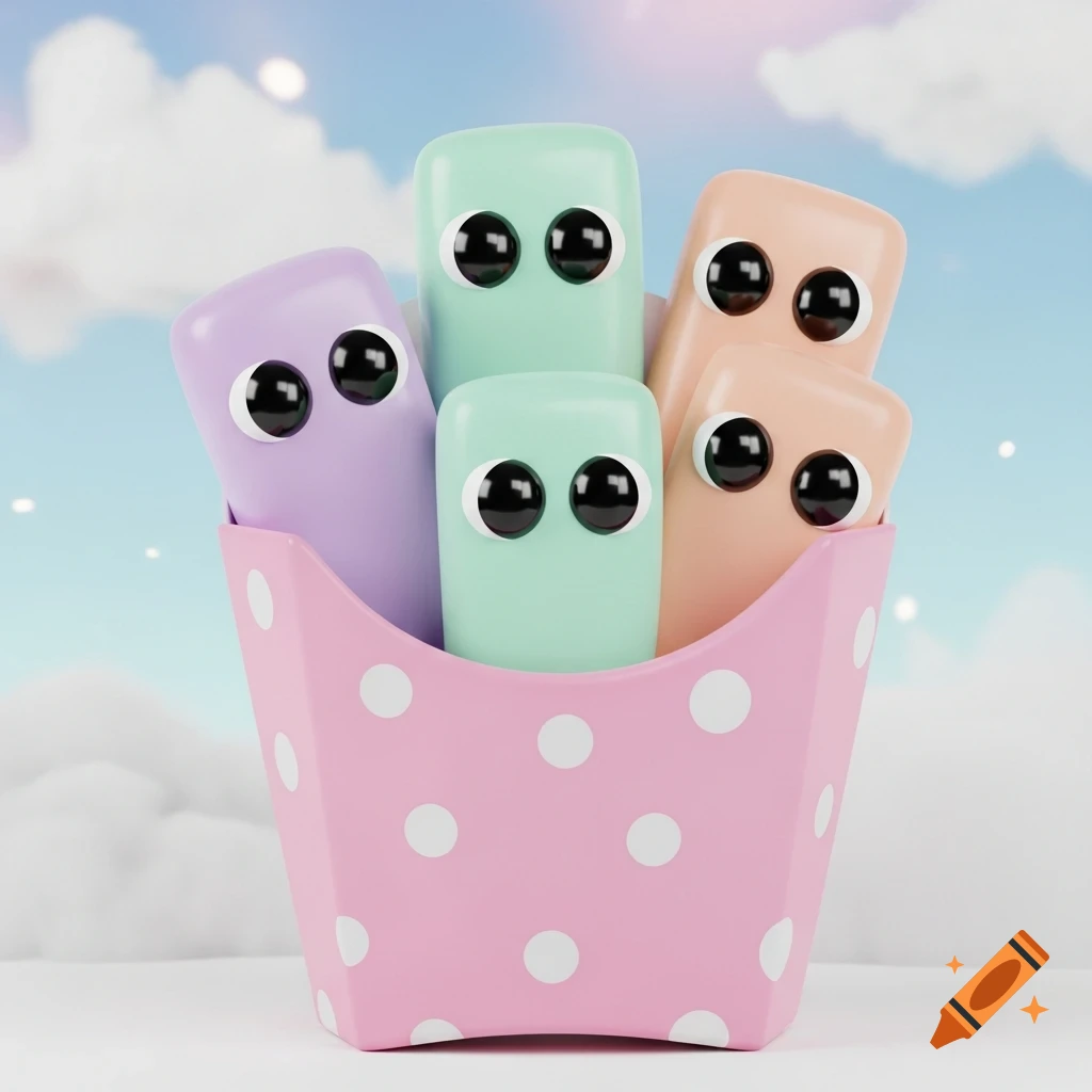 Cute 3D pastel fry characters with googly eyes in a pink polka-dot container against a cloudy sky.