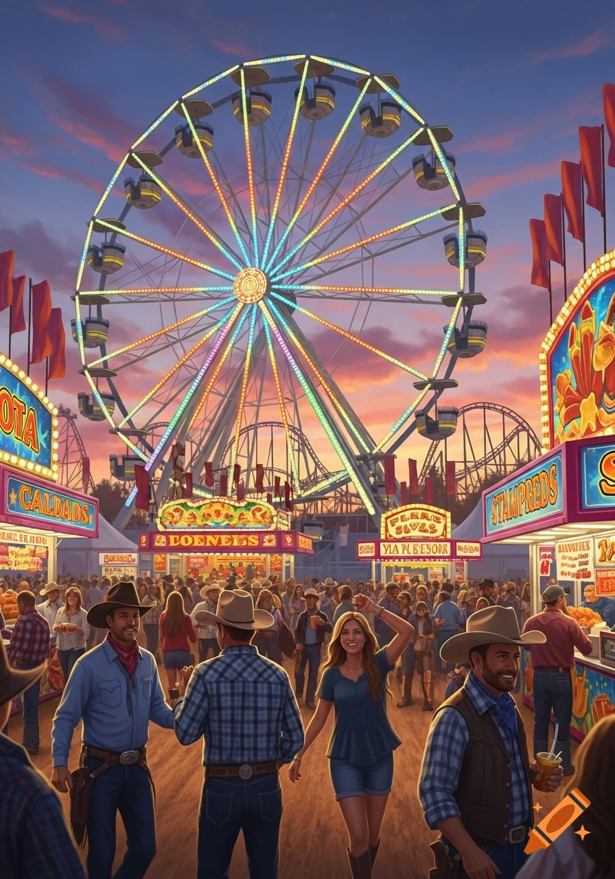 A vibrant carnival at dusk, with a large illuminated Ferris wheel, roller coasters, food stalls, and a crowd of people in Western attire.