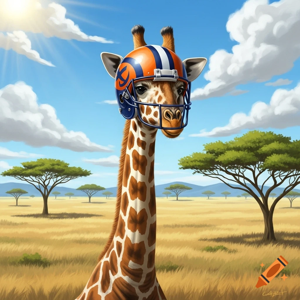 A stylized giraffe in a savanna wears an orange and blue football helmet with a C-like logo on a sunny day with clouds and acacia trees.