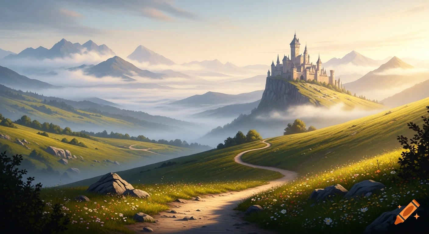 A winding dirt path leads through a green, foggy mountain valley to a majestic castle on a cliff at dawn.