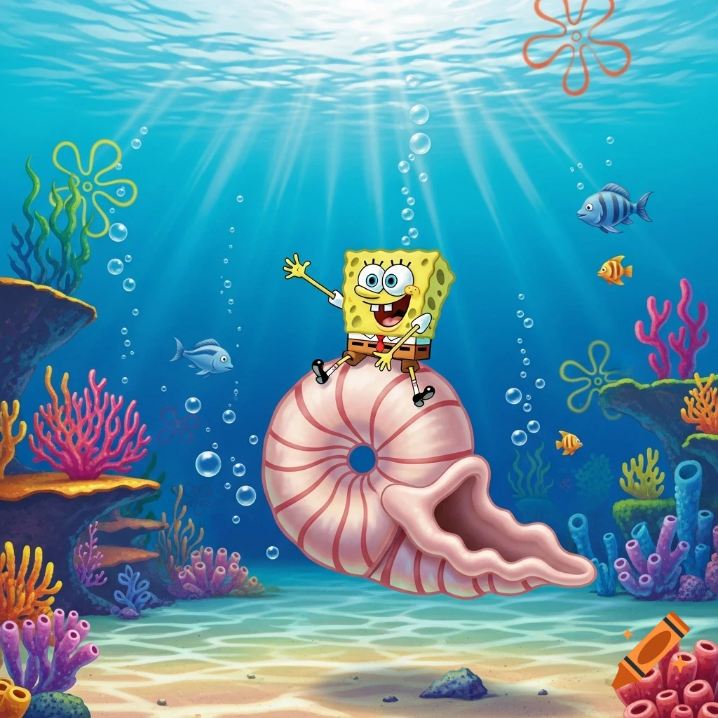 Spongebob Squarepants waves happily while riding on top of a large pink and white nautilus shell underwater, surrounded by coral, fish, and bubbles.