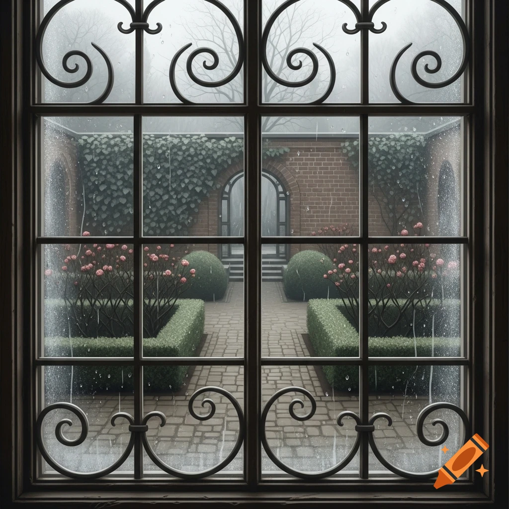A photorealistic view through a window with ornate wrought iron bars, showing a rainy courtyard with brick walls, ivy, trimmed hedges, and pink roses.