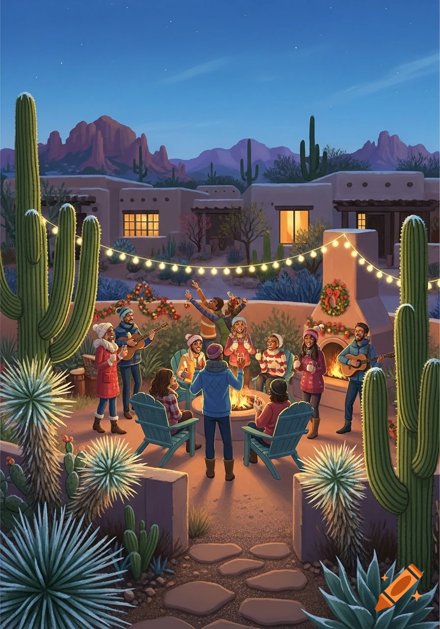 An illustration of friends gathered around a campfire in a desert courtyard at night, with string lights and festive wreaths.