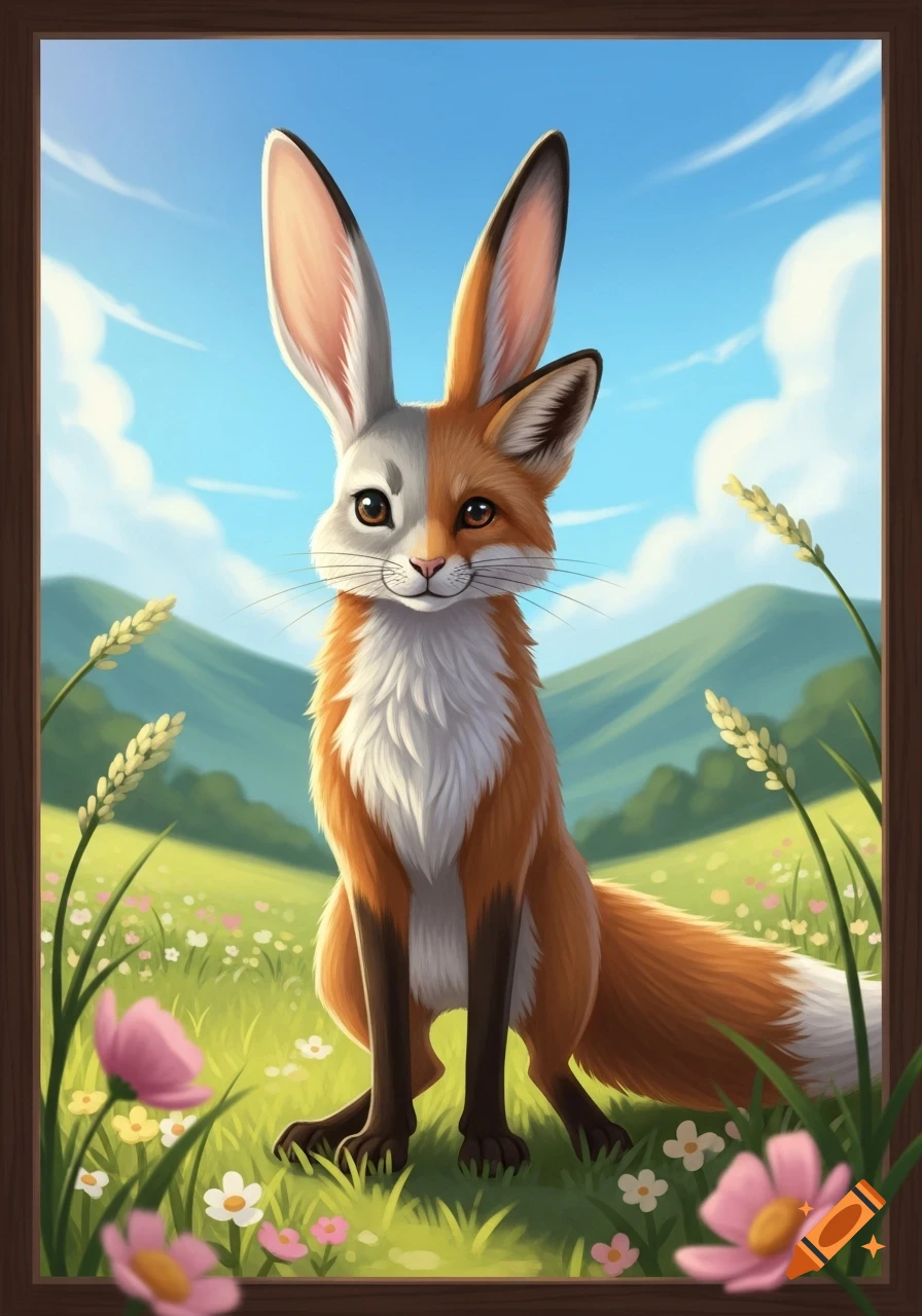 A digital art illustration of a cute rabbit-fox hybrid with a split face, sitting in a sunny, flowery meadow with hills.