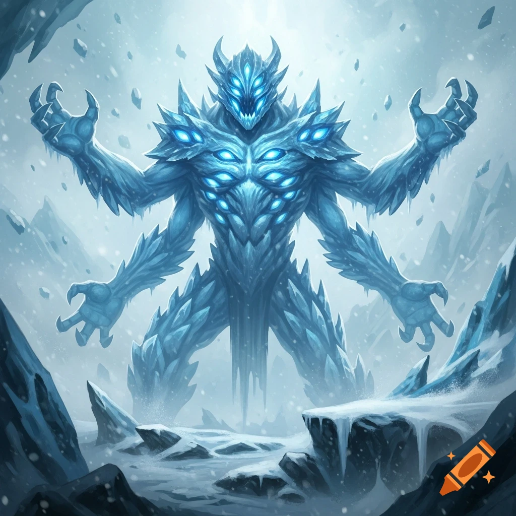 A multi-eyed, four-armed ice monster with glowing blue eyes and sharp ice spikes, standing in a snowy, icy landscape.