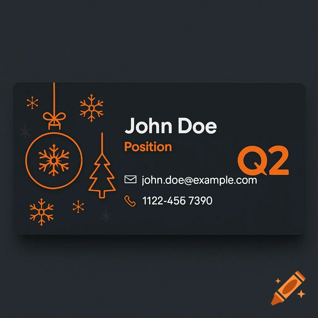 Dark gray email signature with orange Christmas motifs (ornament, snowflakes, tree) and white text for name, position, email, phone, and an orange Q2 logo.