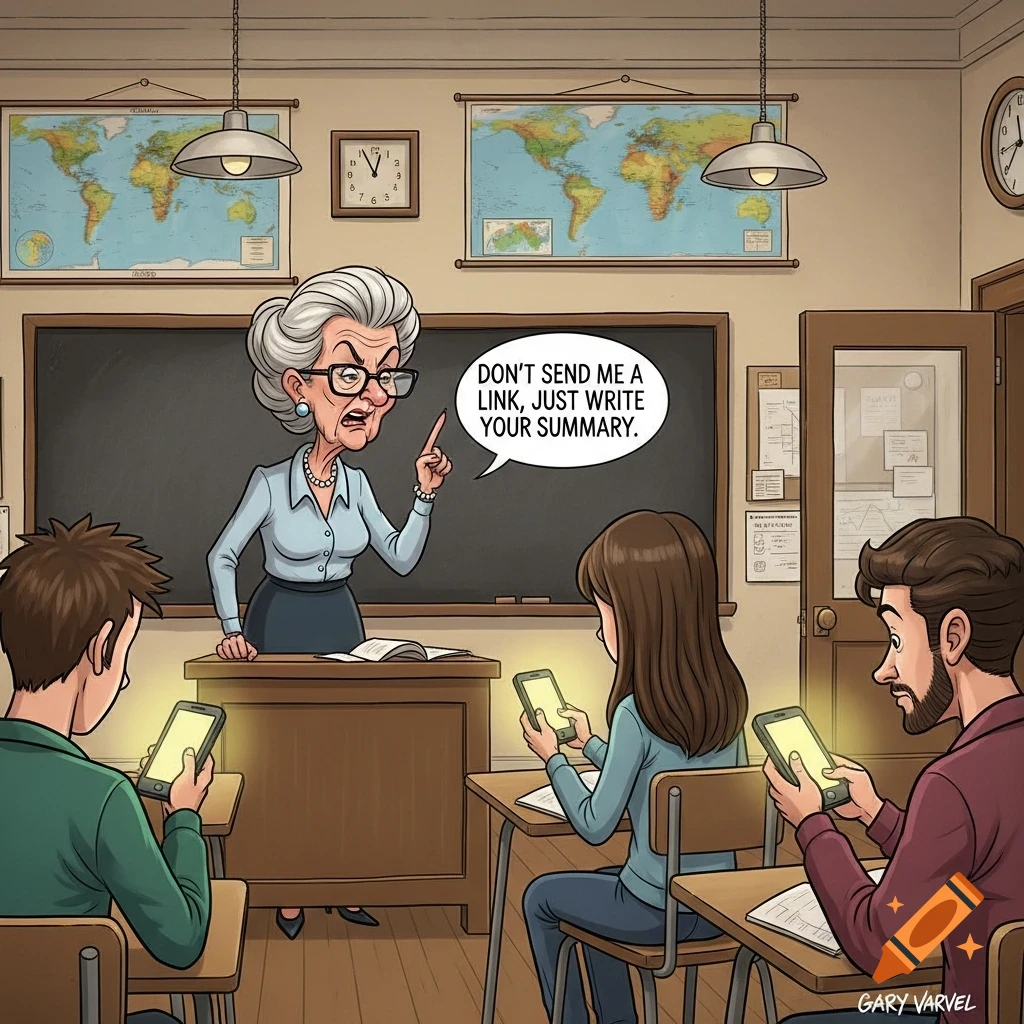 A cartoon shows an angry teacher lecturing three students glued to their phones in a classroom. The teacher says, "DON'T SEND ME A LINK, JUST WRITE YOUR SUMMARY."