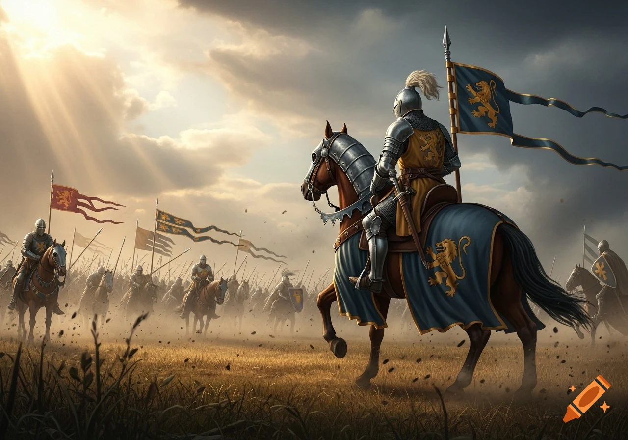 A medieval army of knights on horseback with banners rides across a dusty field under a dramatic sky with sun rays.