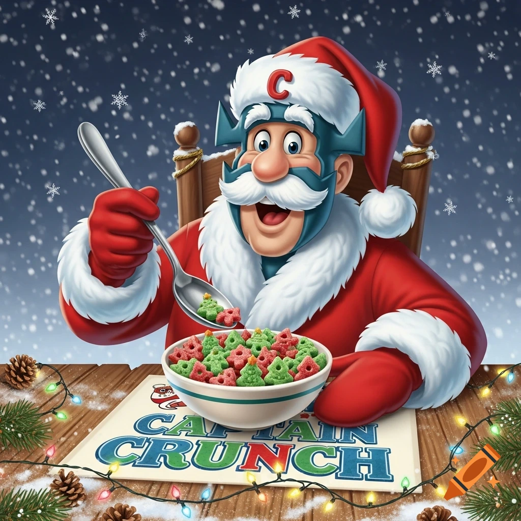 Captain Crunch in a Santa suit eats a bowl of Christmas tree cereal on a snowy wooden table with lights, illustration.
