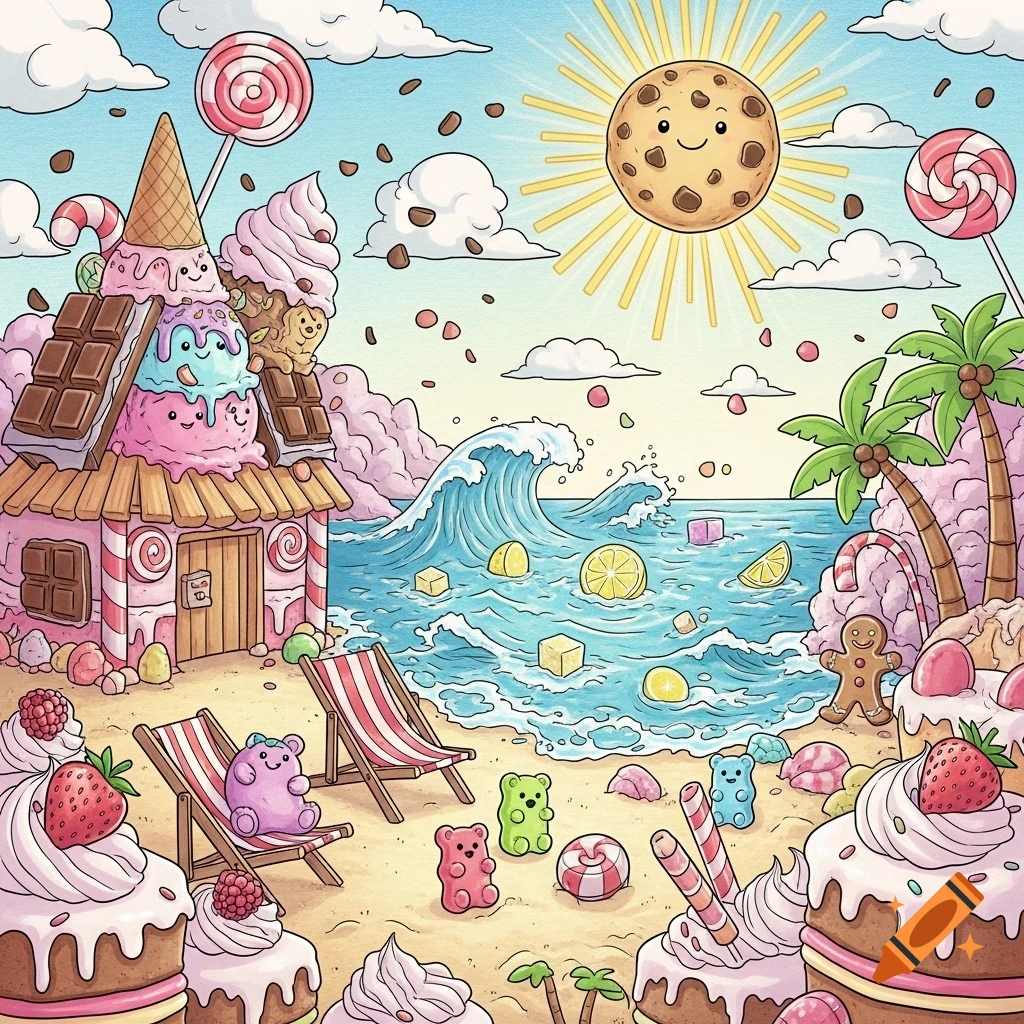 A vibrant cartoon illustration of a fantastical candy world beach. A cookie sun shines over a lemonade ocean next to a hut made of ice cream and chocolate. Gummy bears relax on candy beach chairs amidst cakes and lollipops.