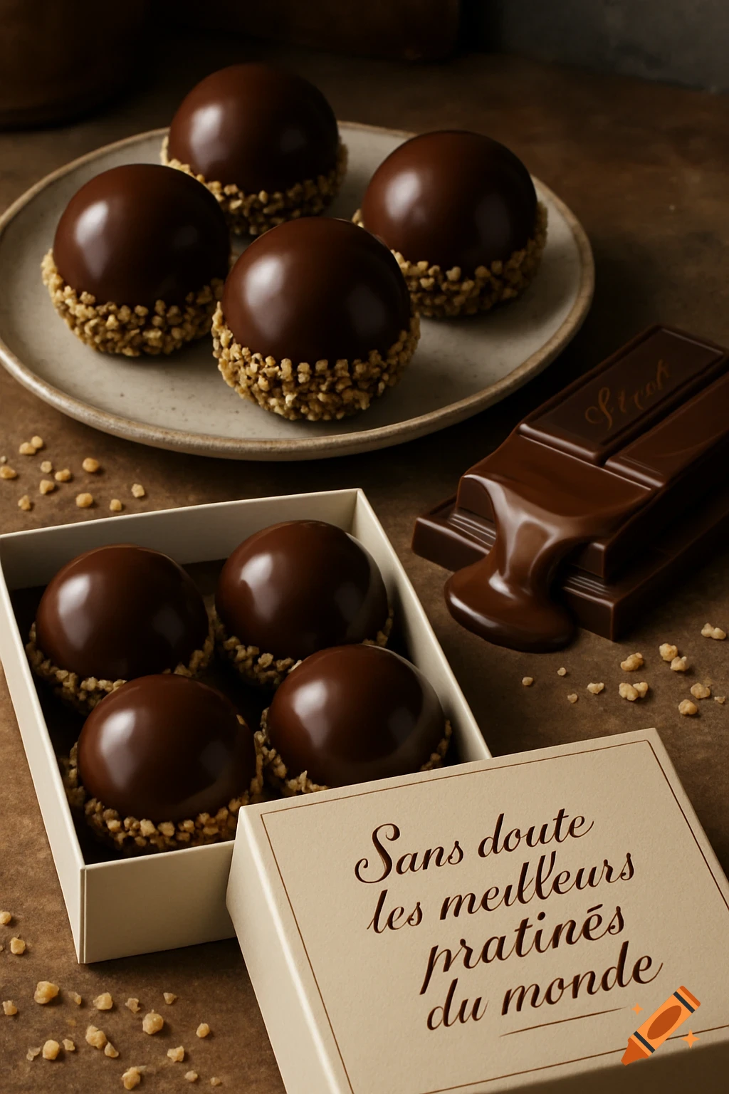 Photorealistic image of dark chocolate dome pastries with a crunchy base in a box and on a plate, alongside a melting chocolate bar.
