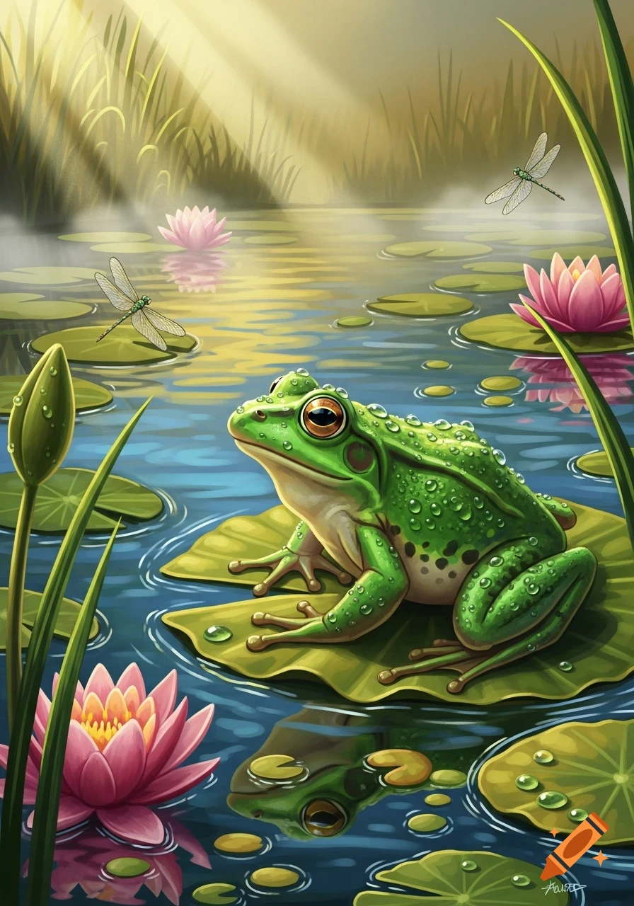 A green frog with water droplets sits on a lily pad in a pond with pink water lilies and dragonflies, illustrated.