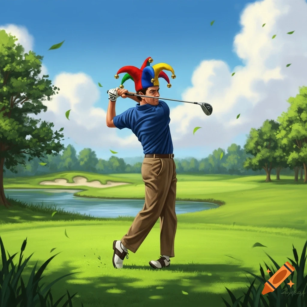 An illustrative image of a golfer in a blue shirt and tan pants, wearing a colorful jester hat, mid-swing on a sunny golf course.