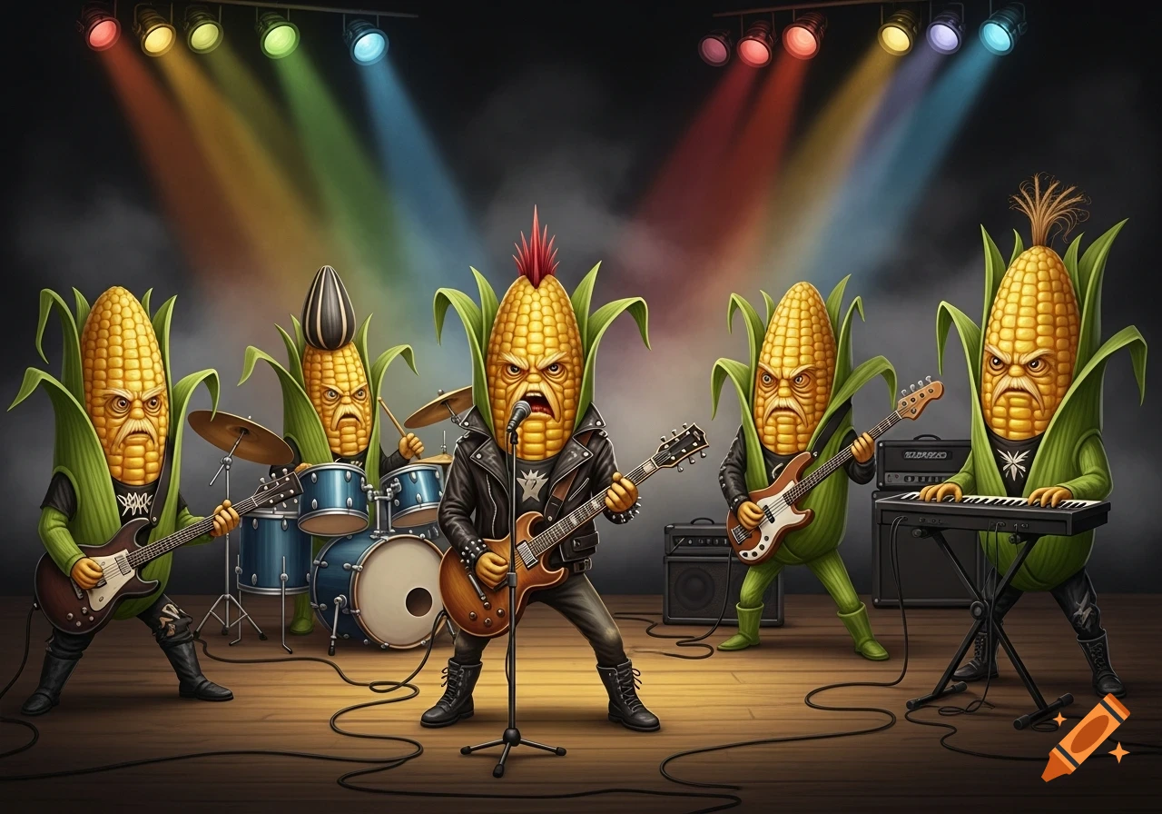 Five angry anthropomorphic corncobs, dressed as a rock band, perform on stage under colorful spotlights.