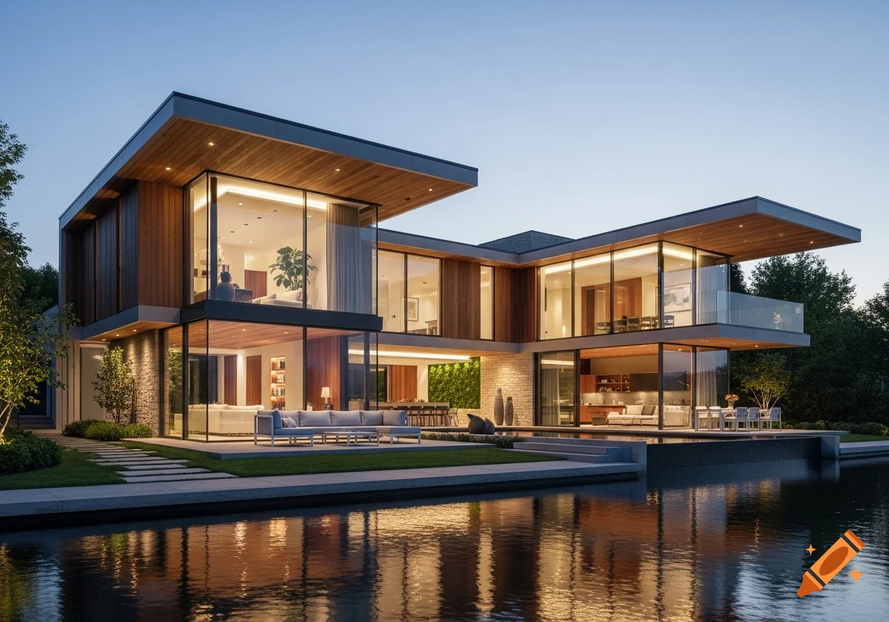 Photorealistic modern house with large glass windows and wooden accents by a tranquil body of water at twilight.