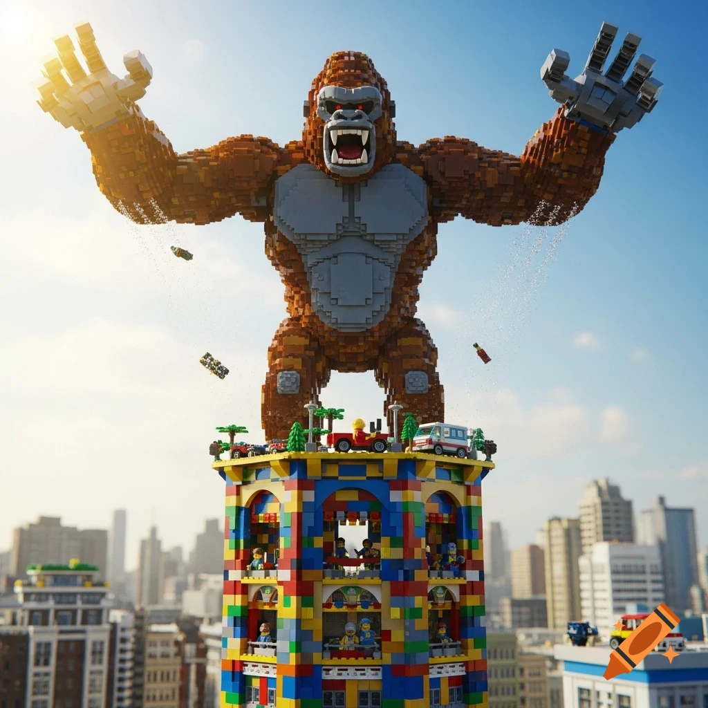 A massive Lego King Kong gorilla stands atop a colorful Lego skyscraper in a bustling cityscape.