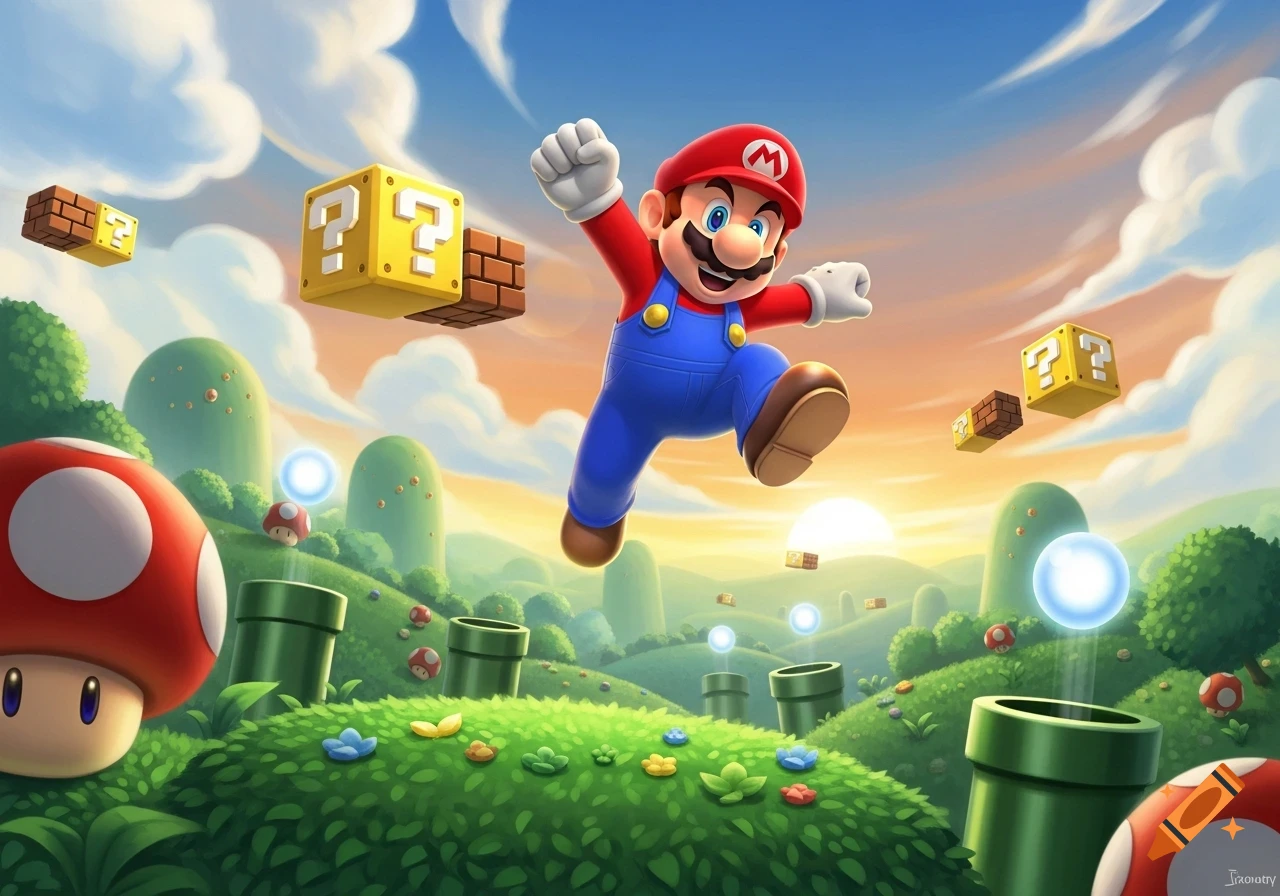 Super Mario jumps in a bright, cartoonish landscape with iconic game elements like question blocks, pipes, and mushrooms.